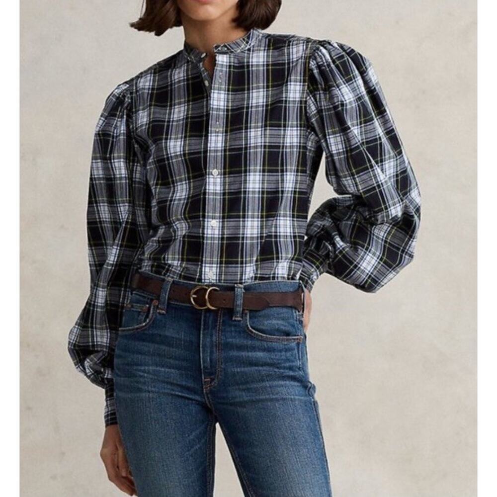 Polo Ralph Lauren Women's Cotton Blouson-Sleeve Plaid Button Down Shirt 10 NEW